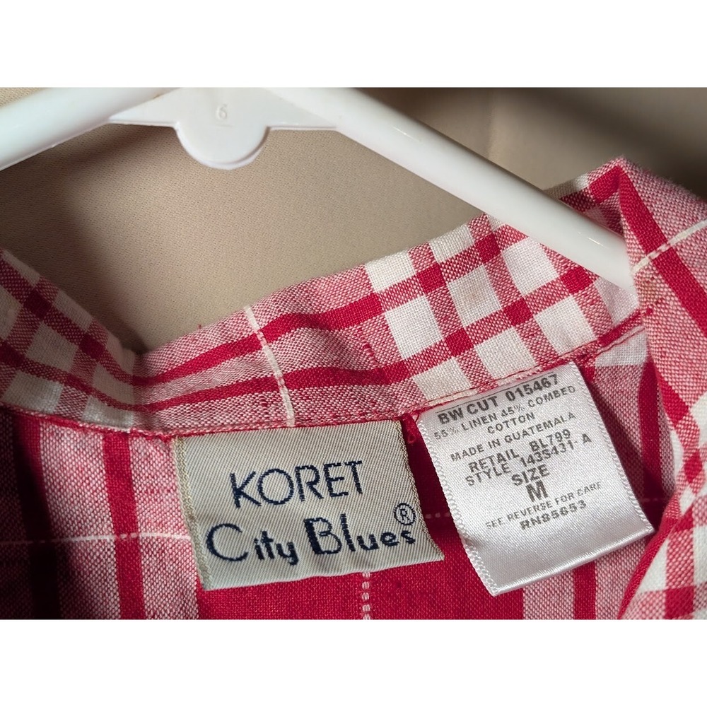 Koret City Blues Red Plaid Button Front Shirt Women's M Linen Blend Short Sleeve - Picture 3 of 3